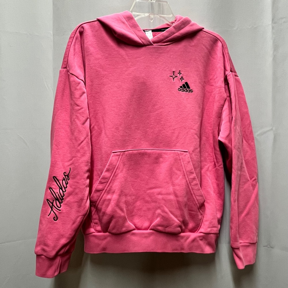 Womens Small Adidas Hoodie Pink Sweatshirt Star Heart Graphic Signature Pullover